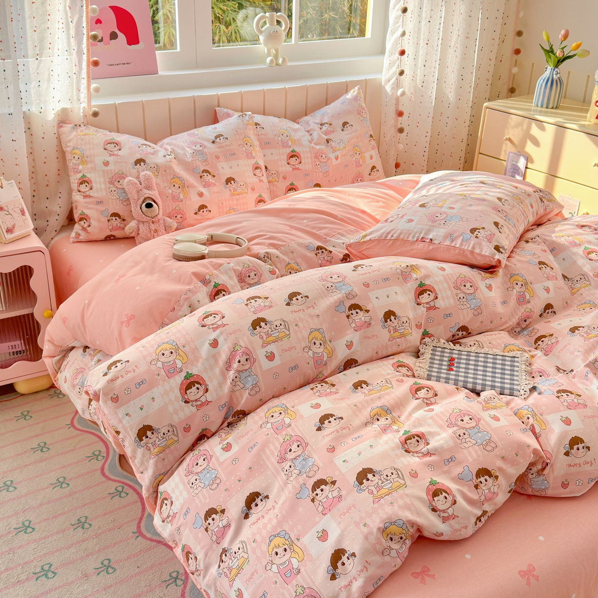 91家纺网 家纺一手货源 找家纺 梵克保罗 2026春夏新款ins小清新40支全棉13372四件套学生三件套单被套单枕套系列-第一批（四件套） 棒棒糖女孩