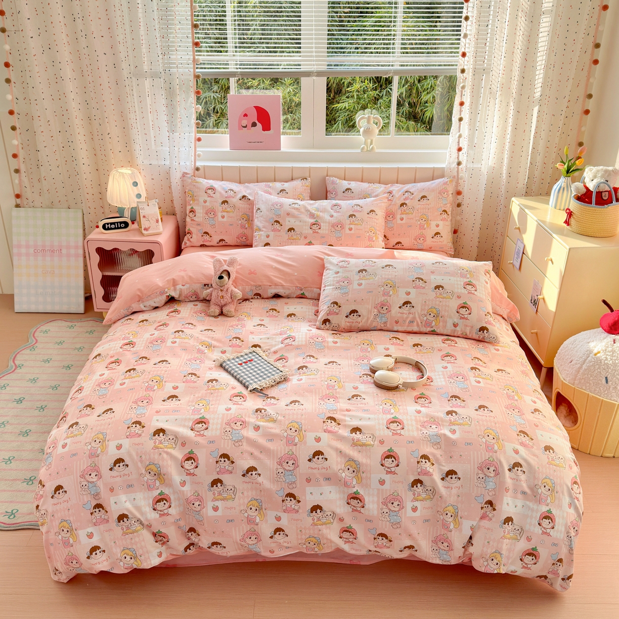 梵克保罗 2026春夏新款ins小清新40支全棉13372四件套学生三件套单被套单枕套系列-第一批（四件套） 棒棒糖女孩