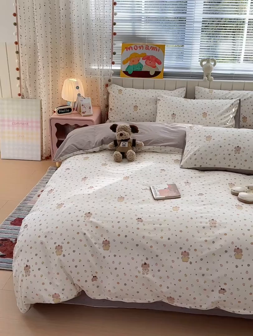 91家纺网 家纺一手货源 找家纺 梵克保罗 2026春夏新款ins小清新40支全棉13372四件套学生三件套单被套单枕套系列-第一批（四件套） 果子象