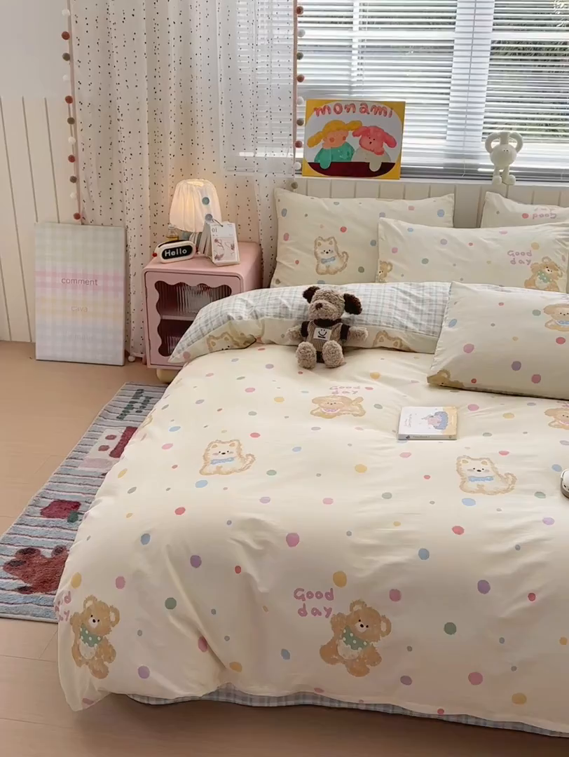 91家纺网 家纺一手货源 找家纺 梵克保罗 2026春夏新款ins小清新40支全棉13372四件套学生三件套单被套单枕套系列-第一批（四件套） 假日小狗