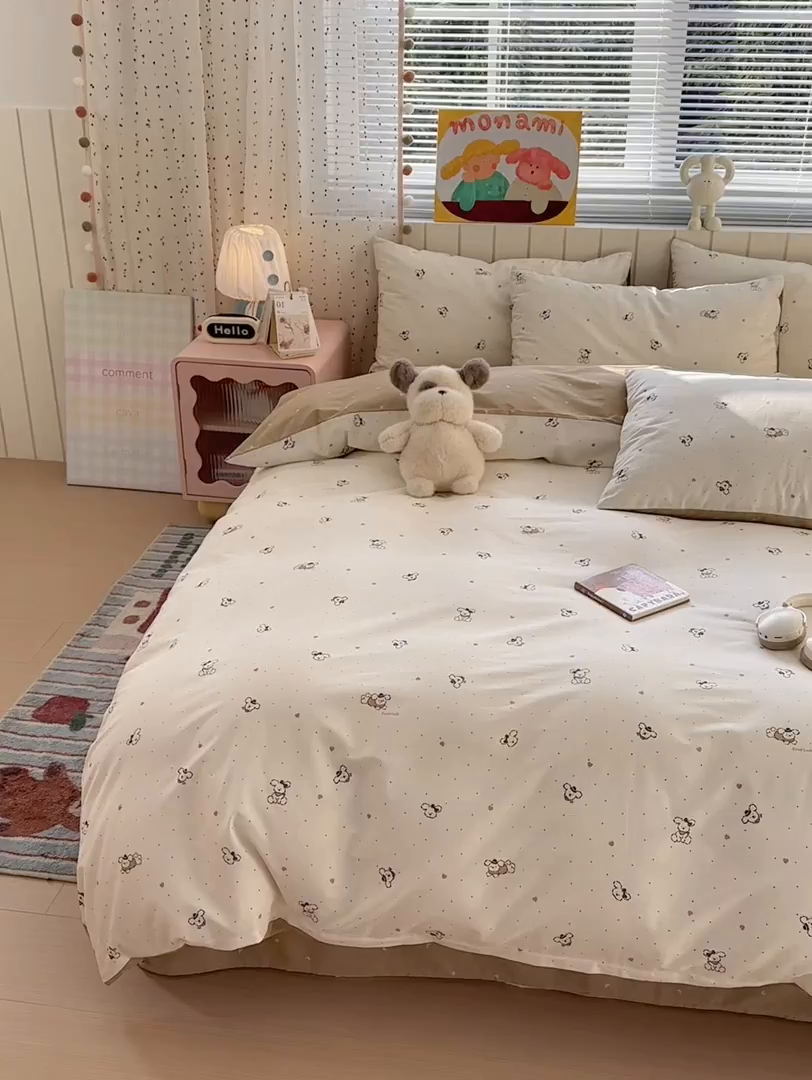 91家纺网 家纺一手货源 找家纺 梵克保罗 2026春夏新款ins小清新40支全棉13372四件套学生三件套单被套单枕套系列-第一批（四件套） 点点小狗