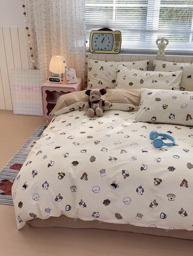 91家纺网 家纺一手货源 找家纺 梵克保罗 2026春夏新款ins小清新40支全棉13372四件套学生三件套单被套单枕套系列-第一批（四件套） 富贵狗