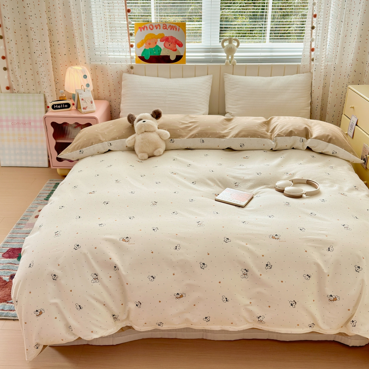 91家纺网 家纺一手货源 找家纺 梵克保罗 2026春夏新款ins小清新40支全棉13372四件套学生三件套单被套单枕套系列-第一批（单被套） 点点小狗