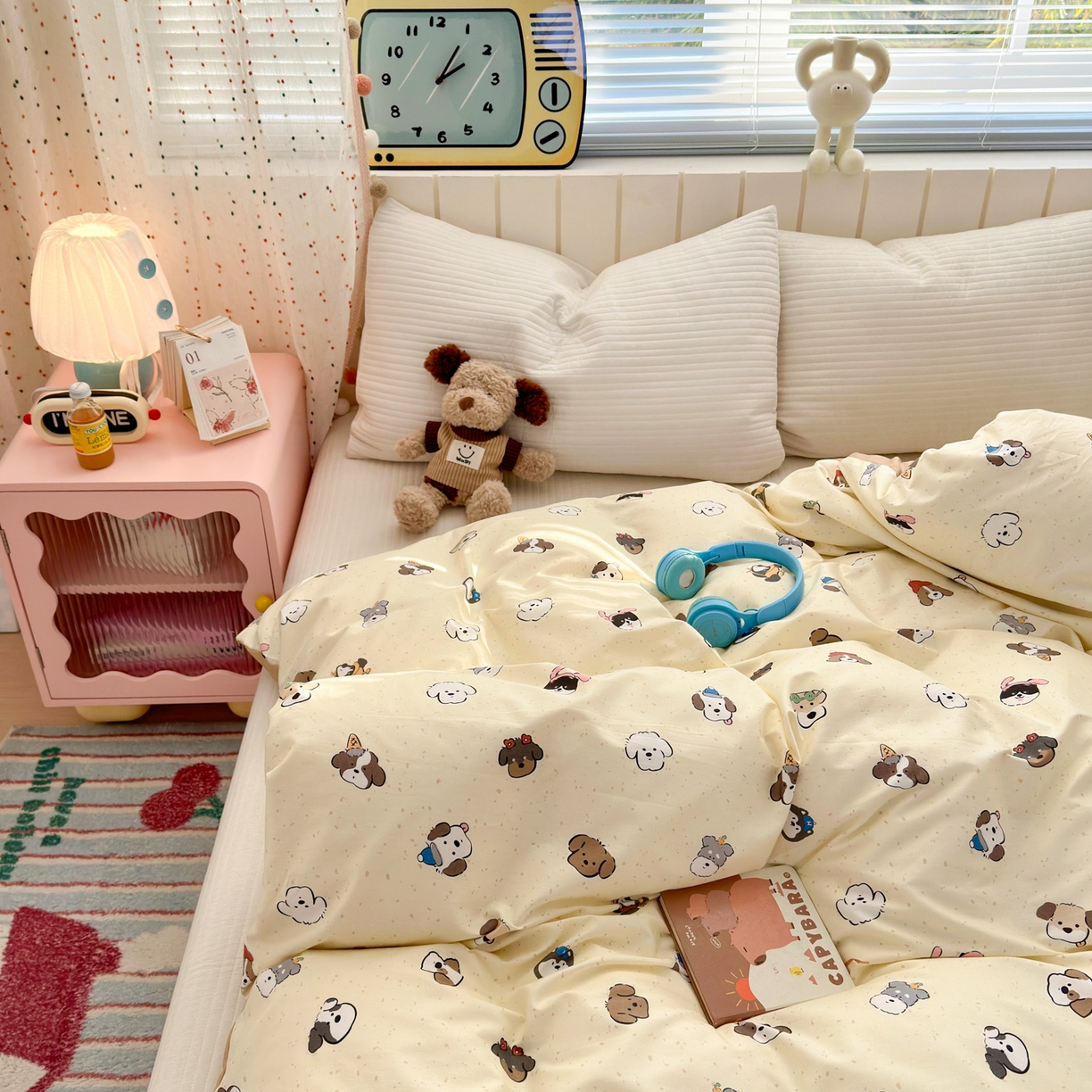 91家纺网 家纺一手货源 找家纺 梵克保罗 2026春夏新款ins小清新40支全棉13372四件套学生三件套单被套单枕套系列-第一批（单被套） 富贵狗