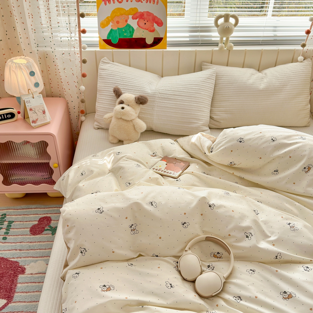 91家纺网 家纺一手货源 找家纺 梵克保罗 2026春夏新款ins小清新40支全棉13372四件套学生三件套单被套单枕套系列-第一批（单被套） 点点小狗