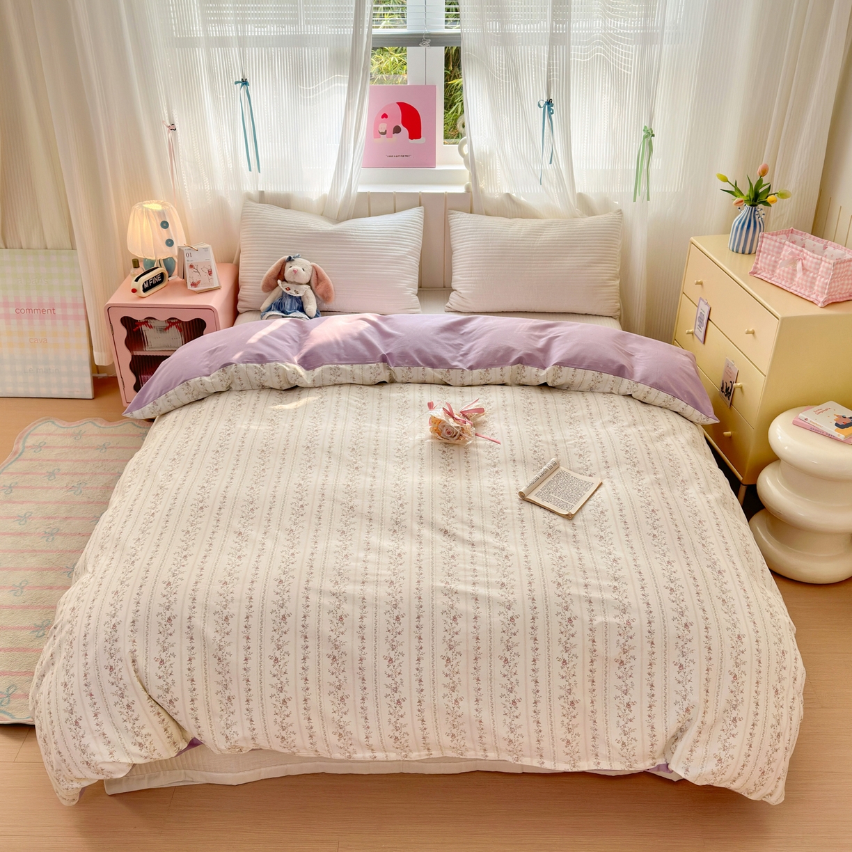 91家纺网 家纺一手货源 找家纺 梵克保罗 2026春夏新款ins小清新40支全棉13372四件套学生三件套单被套单枕套系列-第一批（单被套） 含羞草