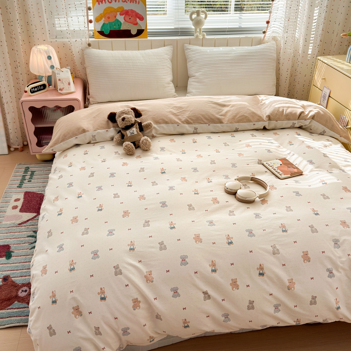 91家纺网 家纺一手货源 找家纺 梵克保罗 2026春夏新款ins小清新40支全棉13372四件套学生三件套单被套单枕套系列-第一批（单被套） 豆丁小熊