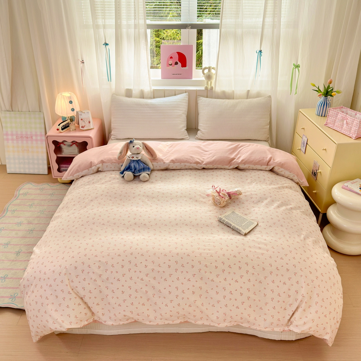 91家纺网 家纺一手货源 找家纺 梵克保罗 2026春夏新款ins小清新40支全棉13372四件套学生三件套单被套单枕套系列-第一批（单被套） 春之约定