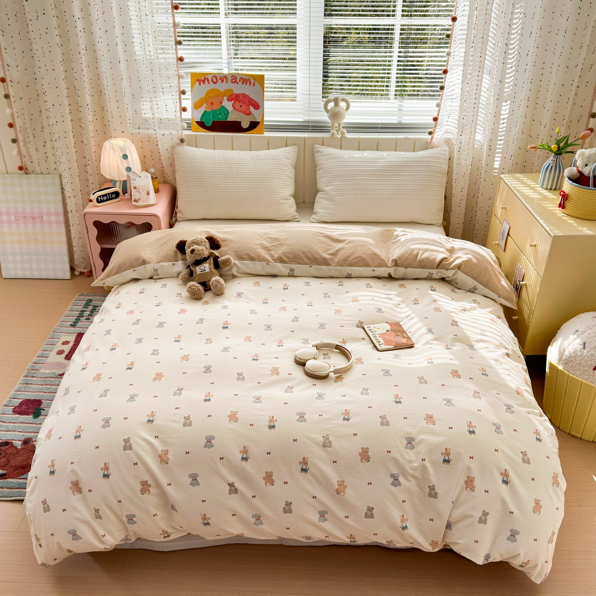 91家纺网 家纺一手货源 找家纺 梵克保罗 2026春夏新款ins小清新40支全棉13372四件套学生三件套单被套单枕套系列-第一批（单被套） 豆丁小熊