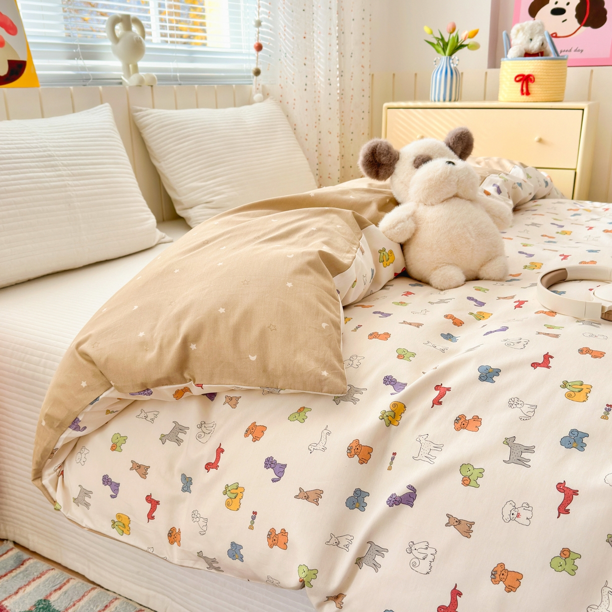 91家纺网 家纺一手货源 找家纺 梵克保罗 2026春夏新款ins小清新40支全棉13372四件套学生三件套单被套单枕套系列-第一批（单被套） 动物聚会