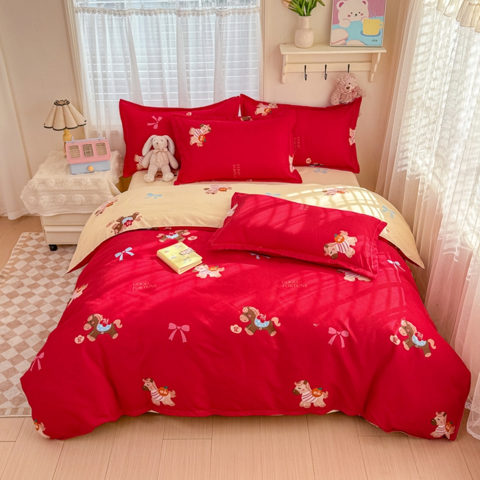 91家纺网 家纺一手货源 找家纺 【2.6周五秒杀 九人助力0.01带回家】马年新年限定款磨毛四件套,财运马,暴富马红