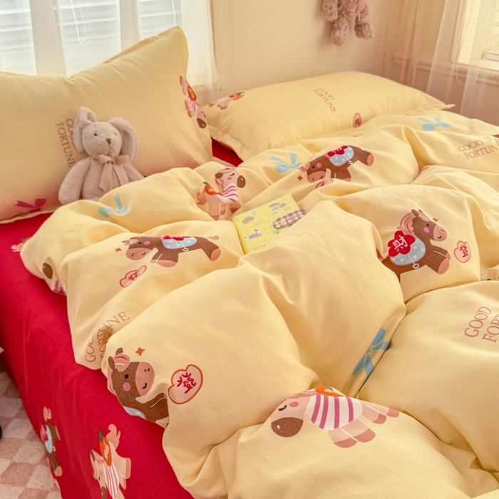 91家纺网 家纺一手货源 找家纺 梦舒阳家纺 马年新年限定款四件套植物羊绒磨毛四件套单被套仿棉套件 财运马