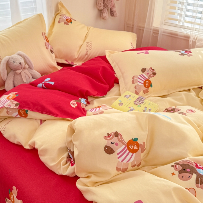 91家纺网 家纺一手货源 找家纺 梦舒阳家纺 马年新年限定款四件套植物羊绒磨毛四件套单被套仿棉套件 财运马