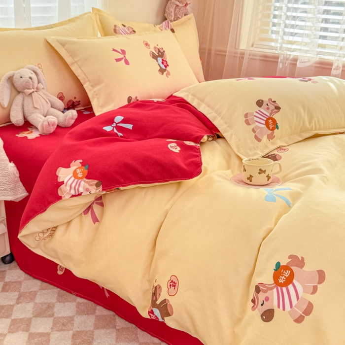 91家纺网 家纺一手货源 找家纺 梦舒阳家纺 马年新年限定款四件套植物羊绒磨毛四件套单被套仿棉套件 财运马