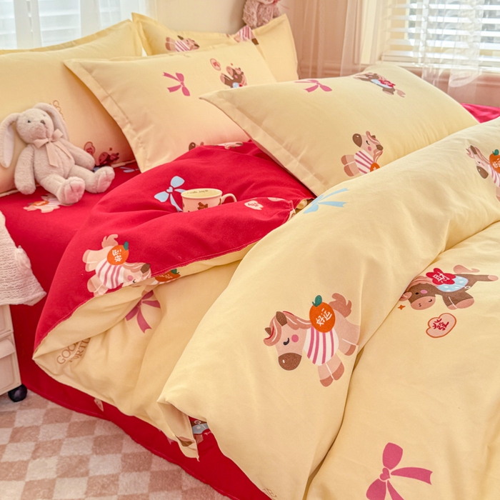 91家纺网 家纺一手货源 找家纺 梦舒阳家纺 马年新年限定款四件套植物羊绒磨毛四件套单被套仿棉套件 财运马