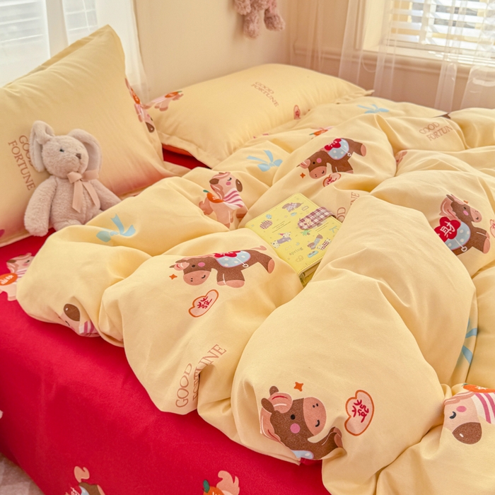 91家纺网 家纺一手货源 找家纺 梦舒阳家纺 马年新年限定款四件套植物羊绒磨毛四件套单被套仿棉套件 财运马