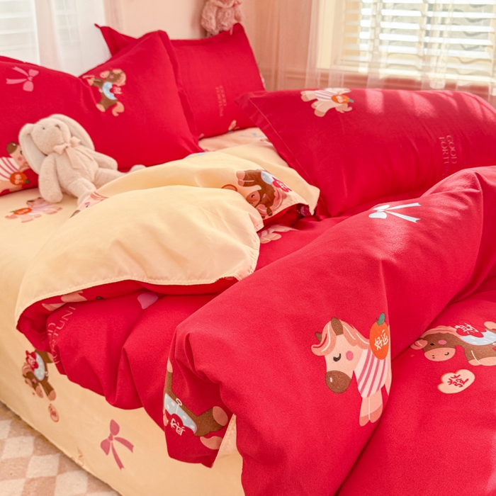 91家纺网 家纺一手货源 找家纺 梦舒阳家纺 马年新年限定款四件套植物羊绒磨毛四件套单被套仿棉套件 暴富马红