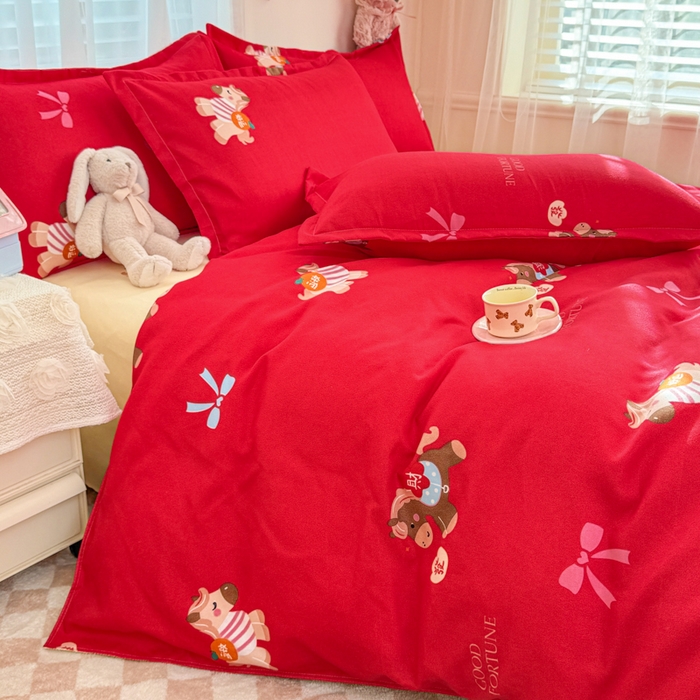 91家纺网 家纺一手货源 找家纺 梦舒阳家纺 马年新年限定款四件套植物羊绒磨毛四件套单被套仿棉套件 暴富马红