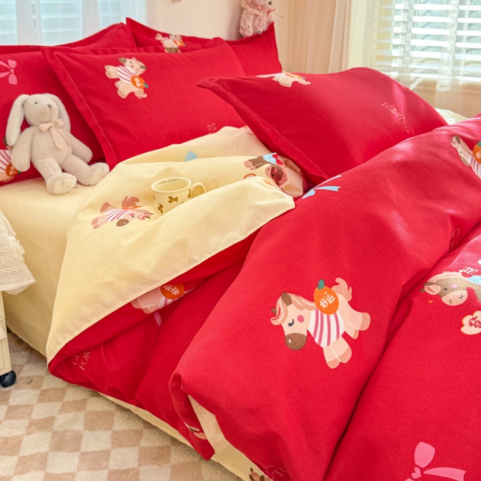 91家纺网 家纺一手货源 找家纺 梦舒阳家纺 马年新年限定款四件套植物羊绒磨毛四件套单被套仿棉套件 暴富马红