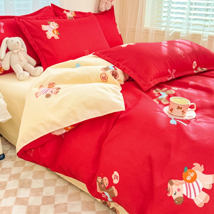 91家纺网 家纺一手货源 找家纺 梦舒阳家纺 马年新年限定款四件套植物羊绒磨毛四件套单被套仿棉套件 暴富马红