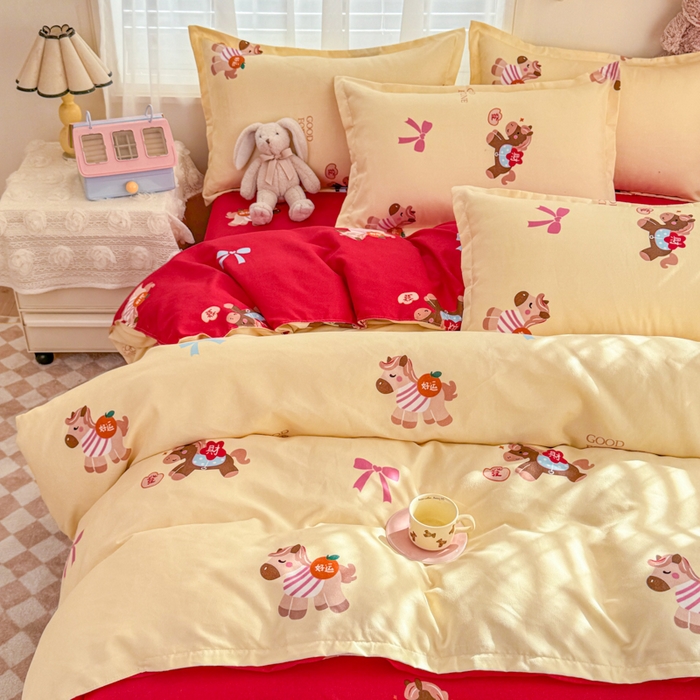 91家纺网 家纺一手货源 找家纺 梦舒阳家纺 马年新年限定款四件套植物羊绒磨毛四件套单被套仿棉套件 财运马