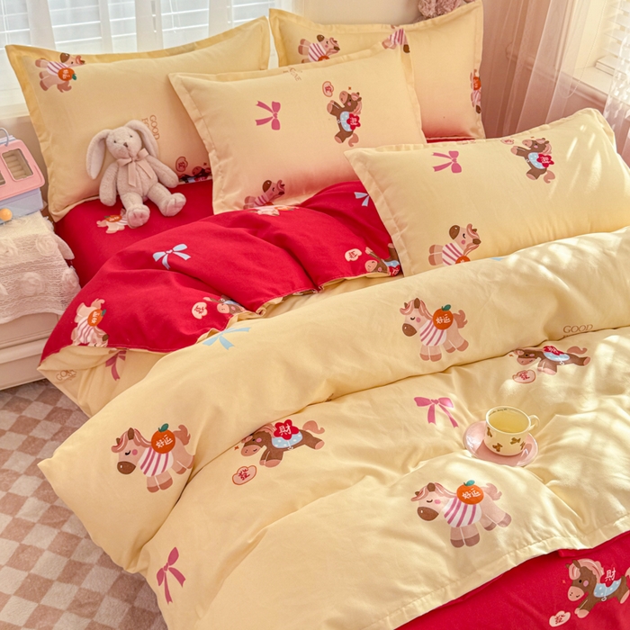 91家纺网 家纺一手货源 找家纺 梦舒阳家纺 马年新年限定款四件套植物羊绒磨毛四件套单被套仿棉套件 财运马