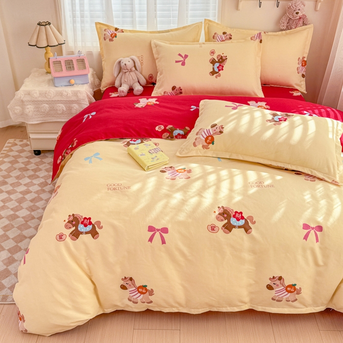 91家纺网 家纺一手货源 找家纺 梦舒阳家纺 马年新年限定款四件套植物羊绒磨毛四件套单被套仿棉套件 财运马