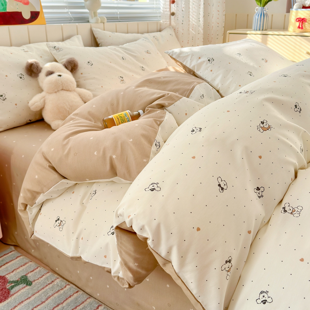 91家纺网 家纺一手货源 找家纺 梵克保罗 2026春夏新款ins小清新40支全棉13372四件套学生三件套单被套单枕套系列-第一批（单枕套） 点点小狗