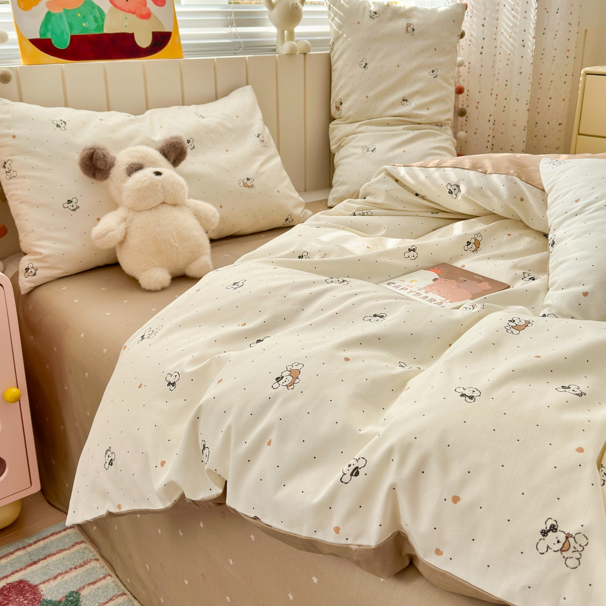 91家纺网 家纺一手货源 找家纺 梵克保罗 2026春夏新款ins小清新40支全棉13372四件套学生三件套单被套单枕套系列-第一批（单枕套） 点点小狗