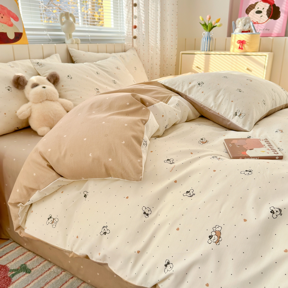 91家纺网 家纺一手货源 找家纺 梵克保罗 2026春夏新款ins小清新40支全棉13372四件套学生三件套单被套单枕套系列-第一批（单枕套） 点点小狗