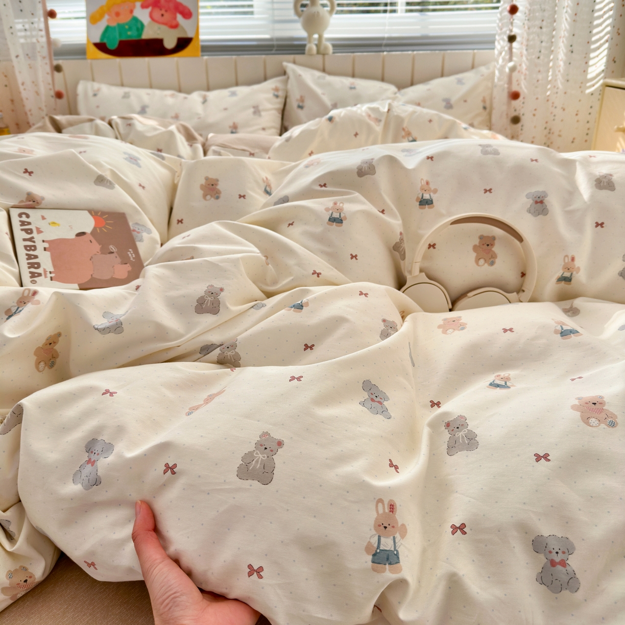 91家纺网 家纺一手货源 找家纺 梵克保罗 2026春夏新款ins小清新40支全棉13372四件套学生三件套单被套单枕套系列-第一批（单枕套） 豆丁小熊