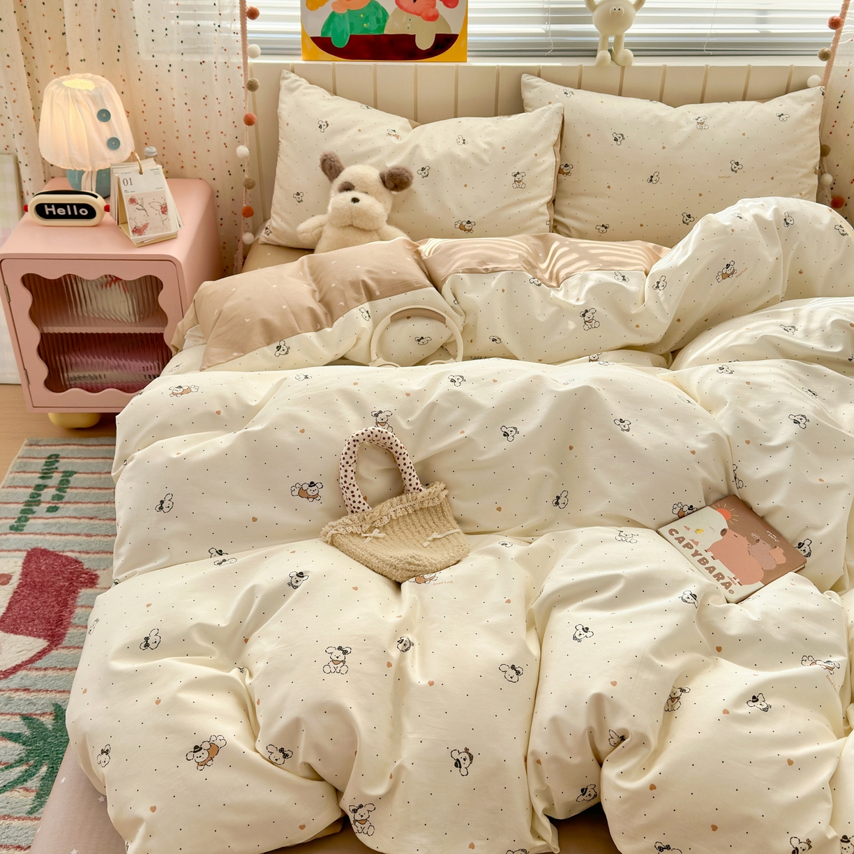 91家纺网 家纺一手货源 找家纺 梵克保罗 2026春夏新款ins小清新40支全棉13372四件套学生三件套单被套单枕套系列-第一批（单枕套） 点点小狗