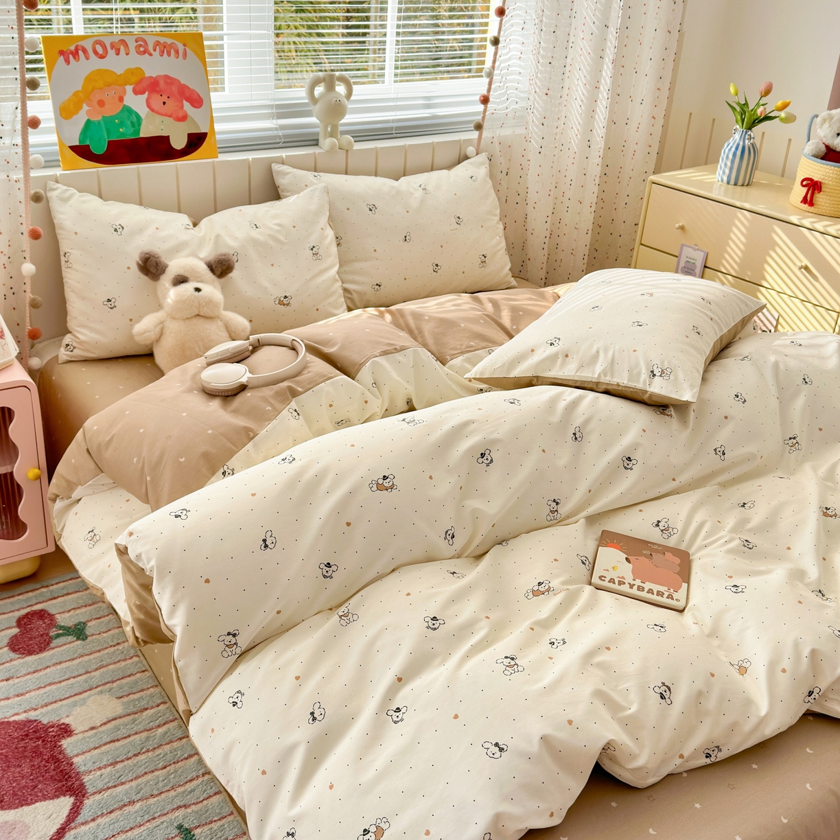 91家纺网 家纺一手货源 找家纺 梵克保罗 2026春夏新款ins小清新40支全棉13372四件套学生三件套单被套单枕套系列-第一批（单枕套） 点点小狗