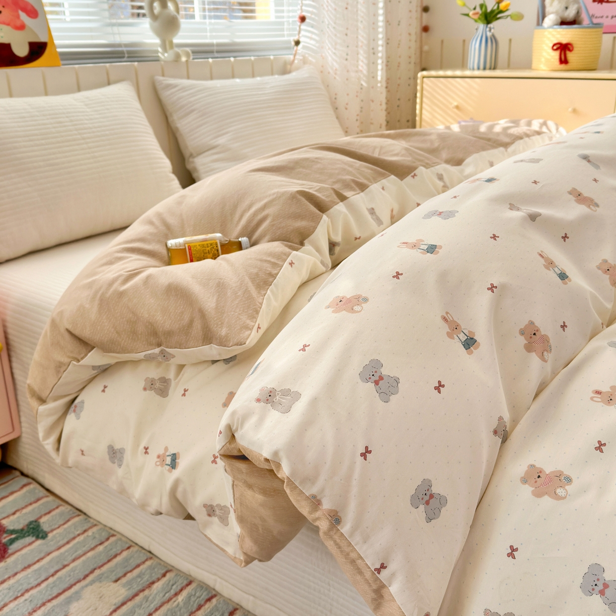 91家纺网 家纺一手货源 找家纺 梵克保罗 2026春夏新款ins小清新40支全棉13372四件套学生三件套单被套单枕套系列-第一批（单枕套） 豆丁小熊