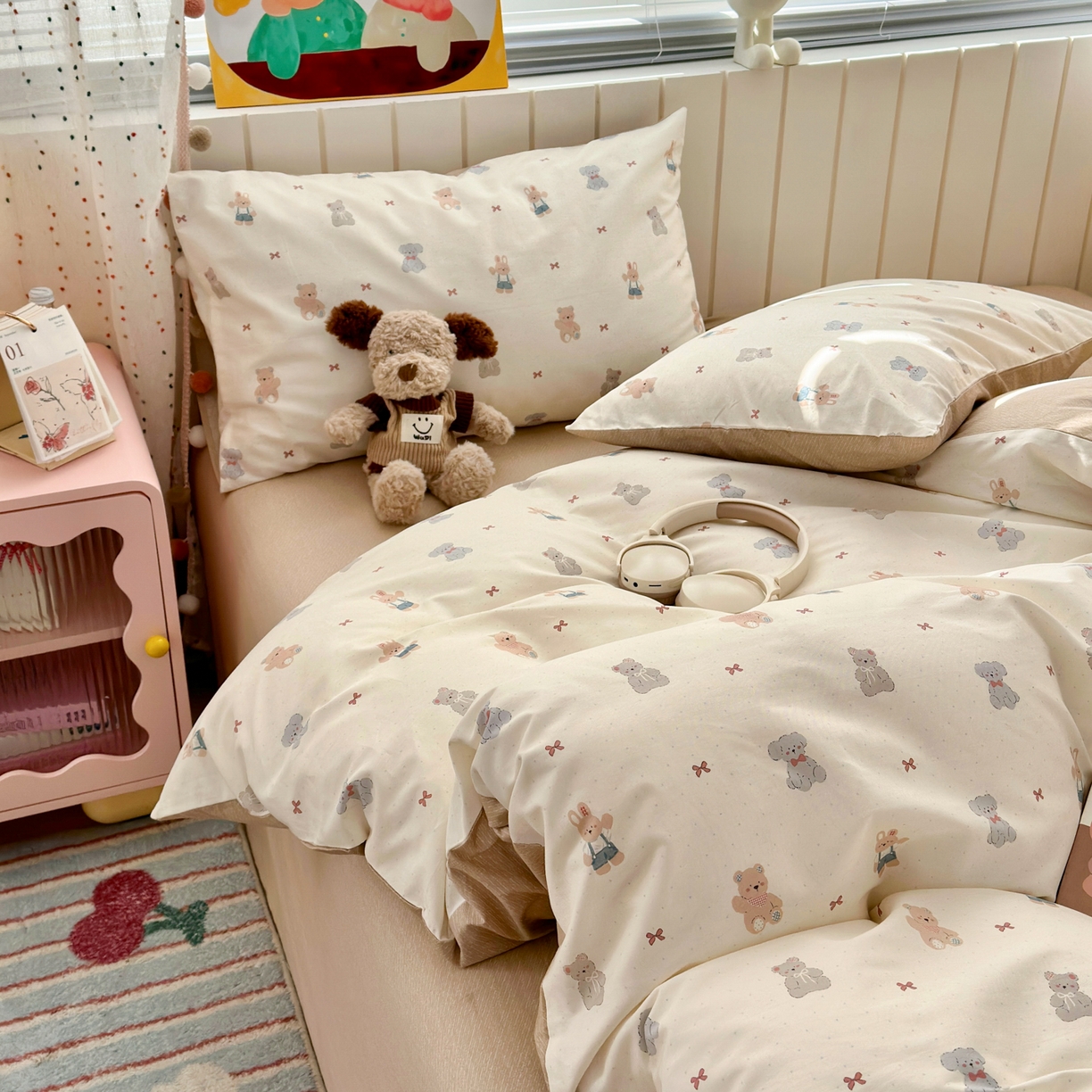 91家纺网 家纺一手货源 找家纺 梵克保罗 2026春夏新款ins小清新40支全棉13372四件套学生三件套单被套单枕套系列-第一批（单枕套） 豆丁小熊