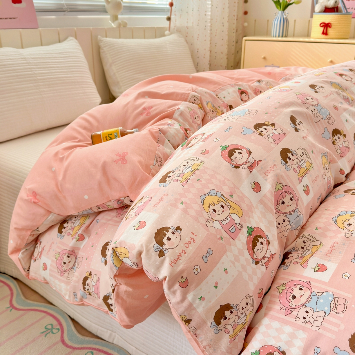 91家纺网 家纺一手货源 找家纺 梵克保罗 2026春夏新款ins小清新40支全棉13372四件套学生三件套单被套单枕套系列-第一批（单枕套） 棒棒糖女孩