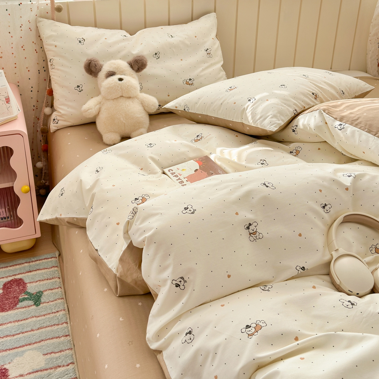 91家纺网 家纺一手货源 找家纺 梵克保罗 2026春夏新款ins小清新40支全棉13372四件套学生三件套单被套单枕套系列-第一批（单枕套） 点点小狗