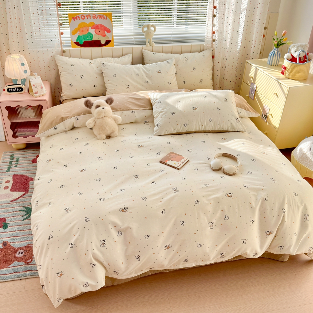 91家纺网 家纺一手货源 找家纺 梵克保罗 2026春夏新款ins小清新40支全棉13372四件套学生三件套单被套单枕套系列-第一批（单枕套） 点点小狗