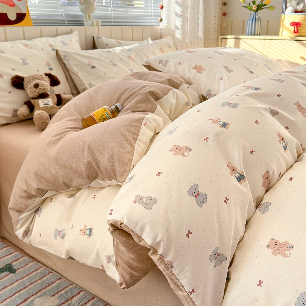 91家纺网 家纺一手货源 找家纺 梵克保罗 2026春夏新款ins小清新40支全棉13372四件套学生三件套单被套单枕套系列-第一批（单枕套） 豆丁小熊