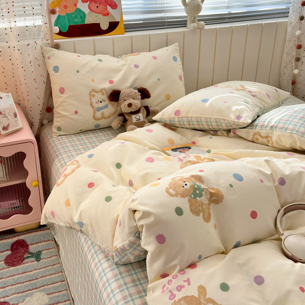 91家纺网 家纺一手货源 找家纺 梵克保罗 2026春夏新款ins小清新40支全棉13372四件套学生三件套单被套单枕套系列-第一批（单枕套） 假日小狗