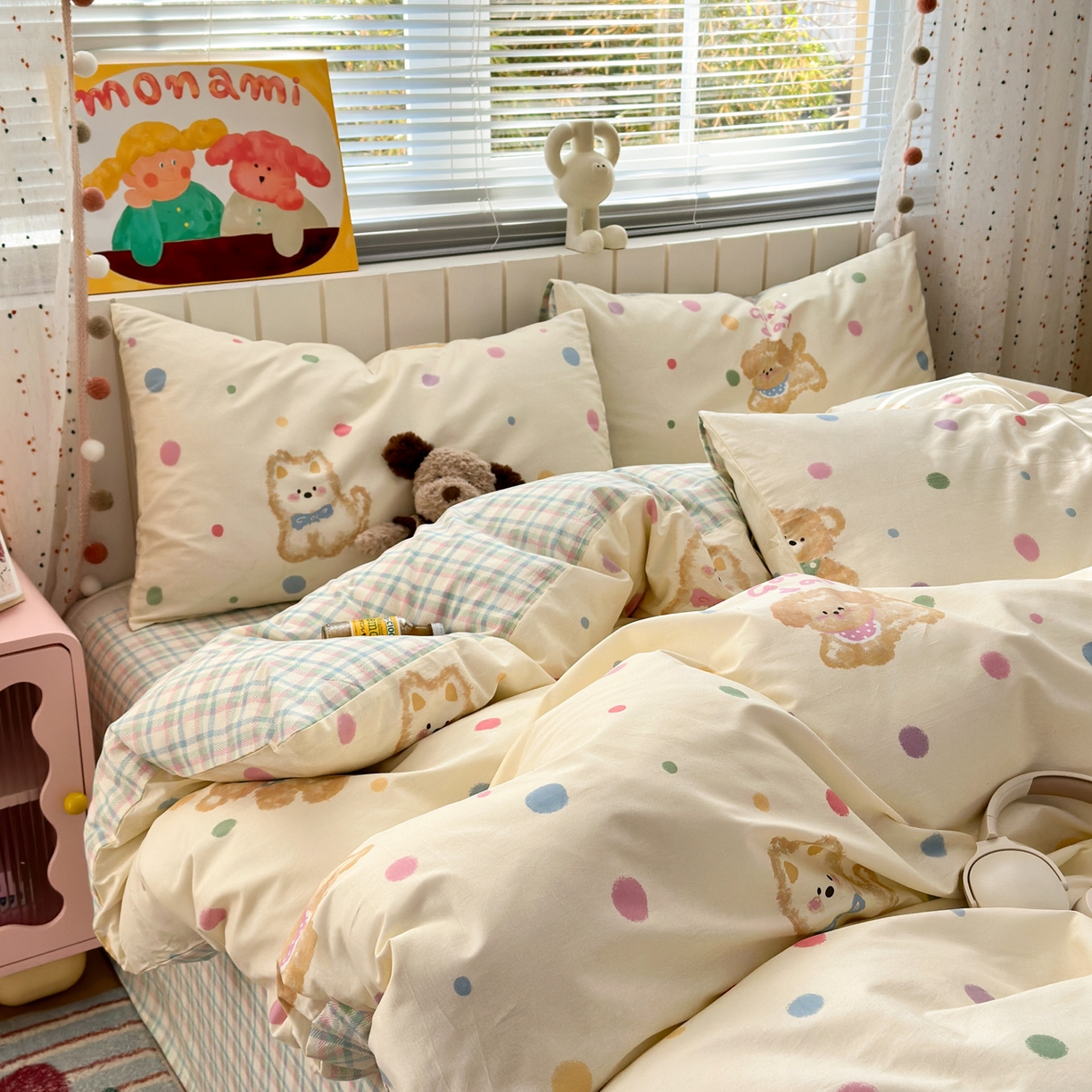 91家纺网 家纺一手货源 找家纺 梵克保罗 2026春夏新款ins小清新40支全棉13372四件套学生三件套单被套单枕套系列-第一批（单枕套） 假日小狗