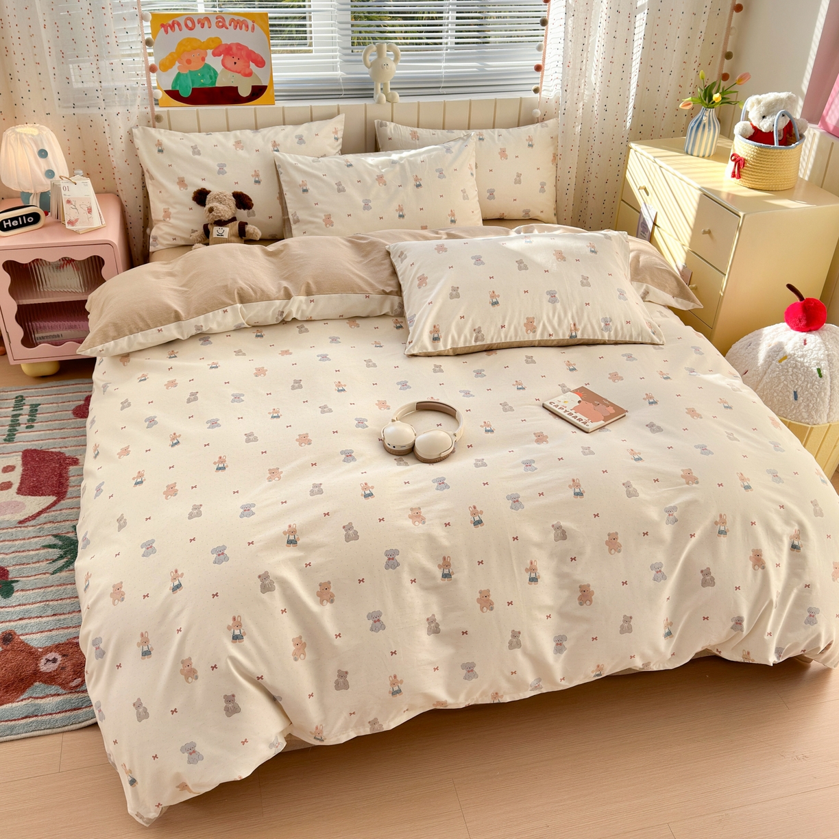 91家纺网 家纺一手货源 找家纺 梵克保罗 2026春夏新款ins小清新40支全棉13372四件套学生三件套单被套单枕套系列-第一批（单枕套） 豆丁小熊