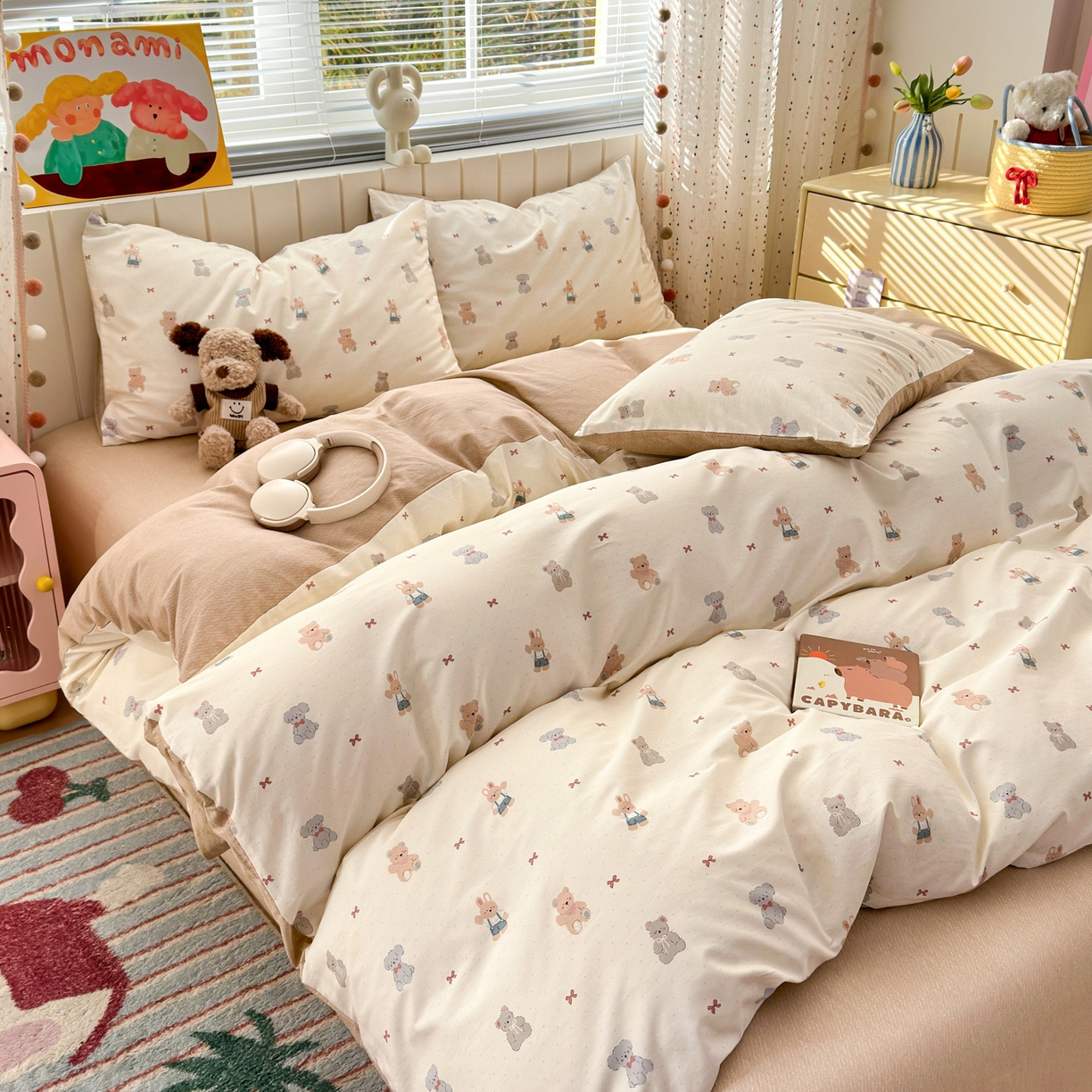 91家纺网 家纺一手货源 找家纺 梵克保罗 2026春夏新款ins小清新40支全棉13372四件套学生三件套单被套单枕套系列-第一批（单枕套） 豆丁小熊