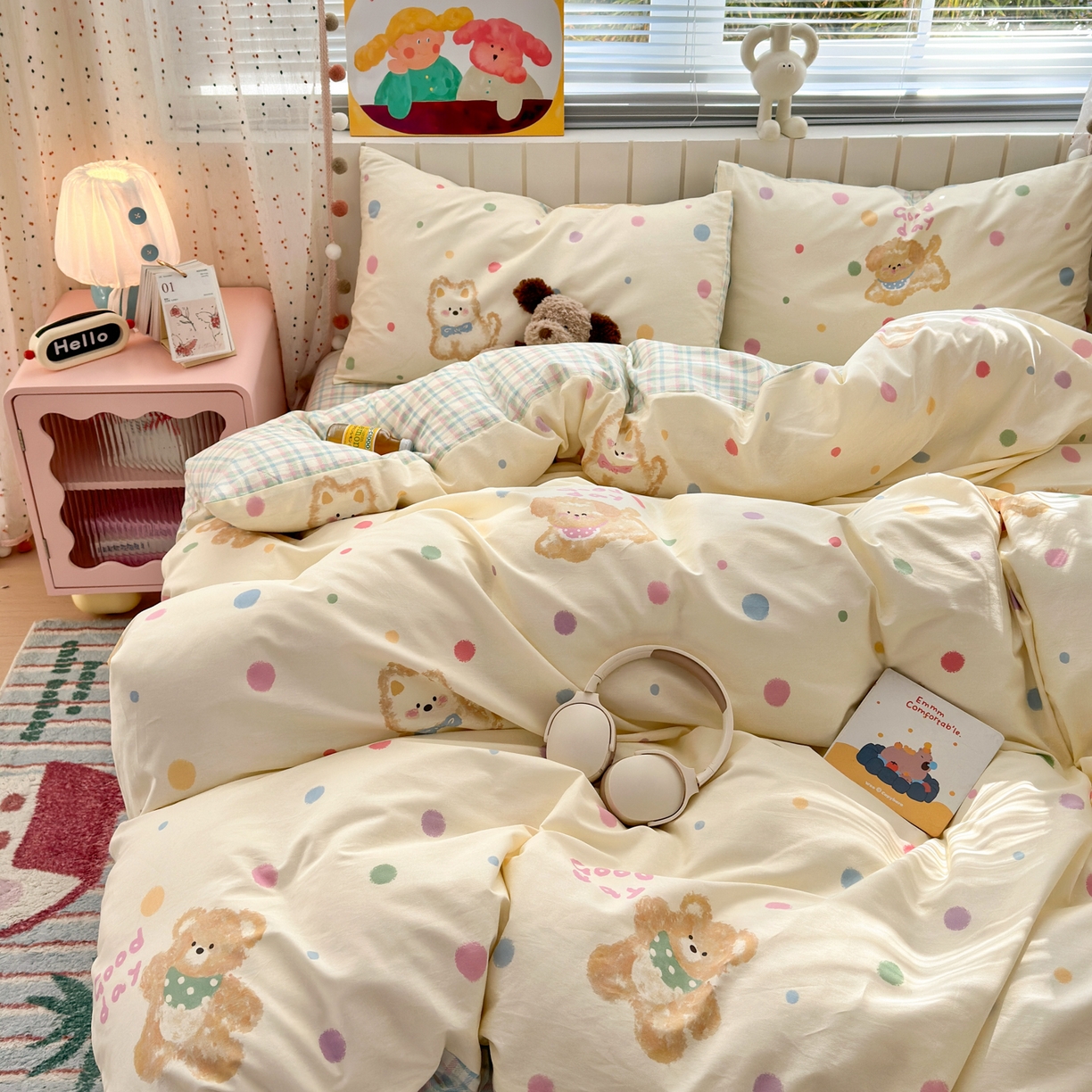 91家纺网 家纺一手货源 找家纺 梵克保罗 2026春夏新款ins小清新40支全棉13372四件套学生三件套单被套单枕套系列-第一批（单枕套） 假日小狗