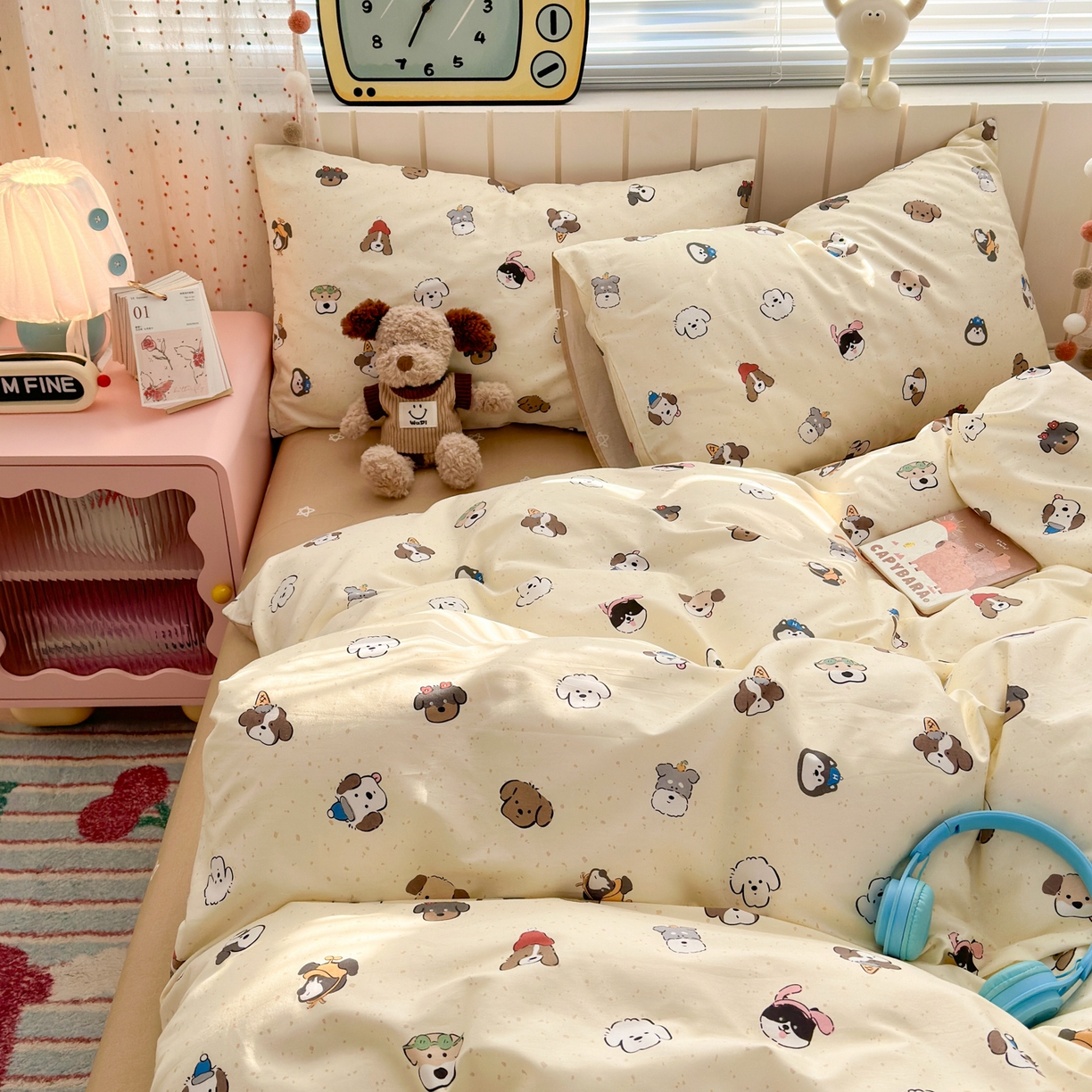 91家纺网 家纺一手货源 找家纺 梵克保罗 2026春夏新款ins小清新40支全棉13372四件套学生三件套单被套单枕套系列-第一批（单枕套） 富贵狗