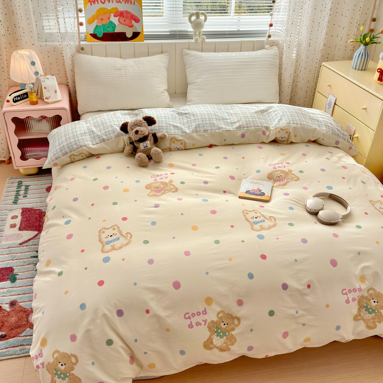 91家纺网 家纺一手货源 找家纺 梵克保罗 2026春夏新款ins小清新40支全棉13372四件套学生三件套单被套单枕套系列-第一批（单枕套） 假日小狗