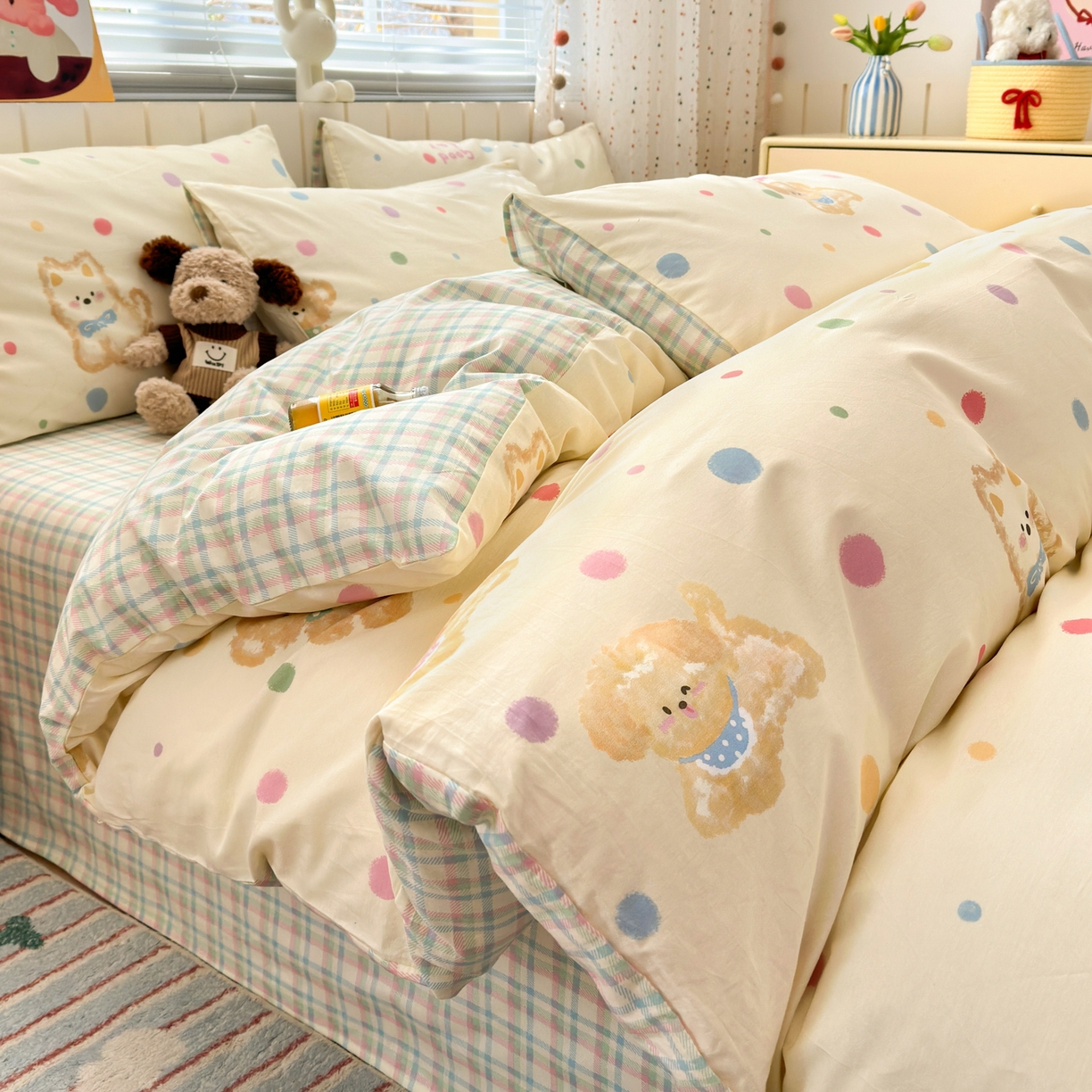 91家纺网 家纺一手货源 找家纺 梵克保罗 2026春夏新款ins小清新40支全棉13372四件套学生三件套单被套单枕套系列-第一批（单枕套） 假日小狗