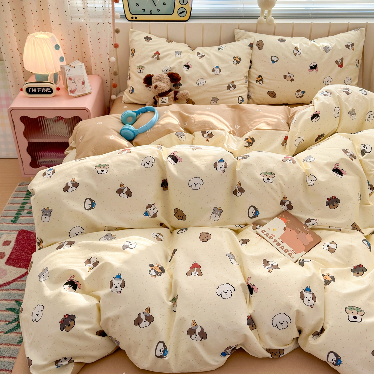 91家纺网 家纺一手货源 找家纺 梵克保罗 2026春夏新款ins小清新40支全棉13372四件套学生三件套单被套单枕套系列-第一批（单枕套） 富贵狗