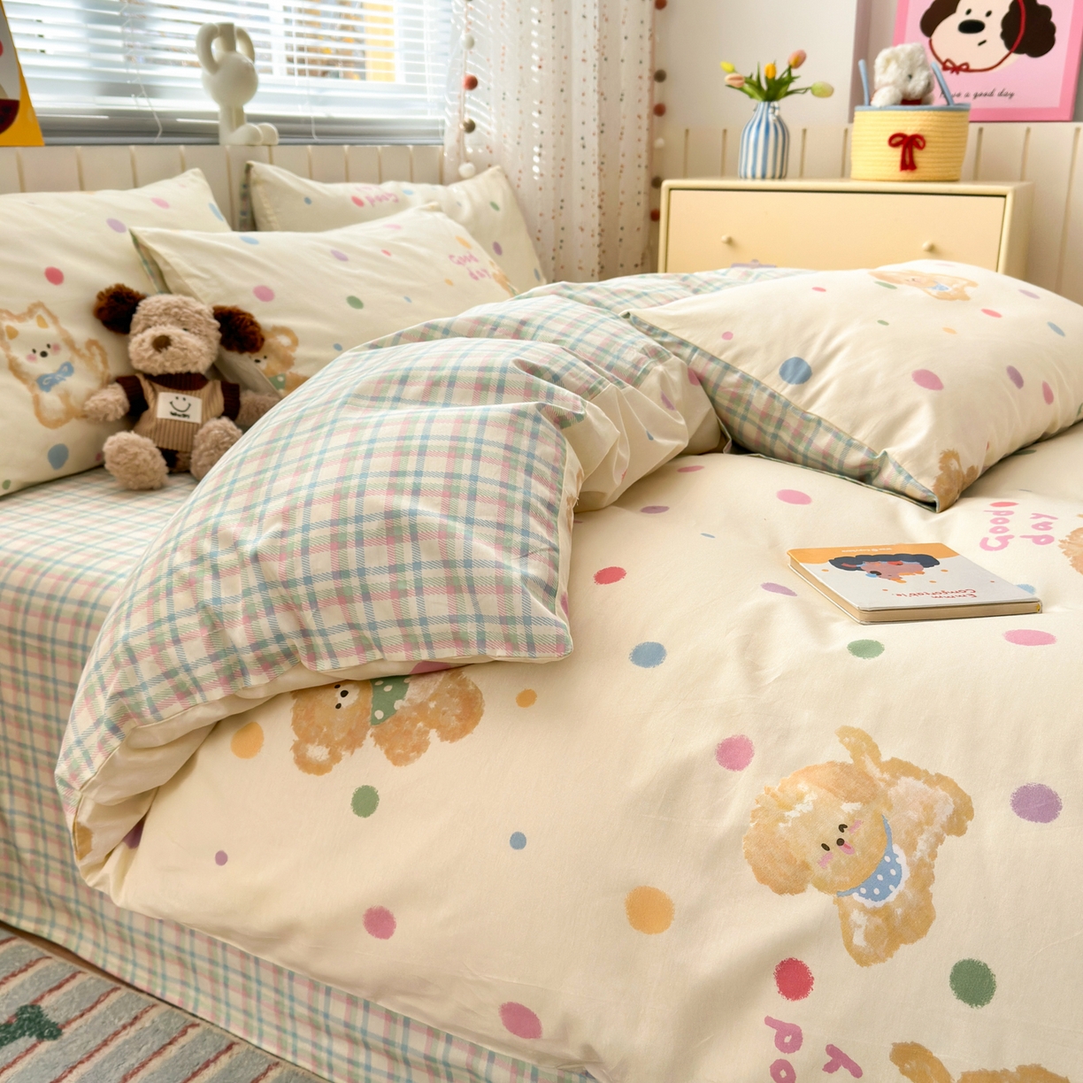 91家纺网 家纺一手货源 找家纺 梵克保罗 2026春夏新款ins小清新40支全棉13372四件套学生三件套单被套单枕套系列-第一批（单枕套） 假日小狗