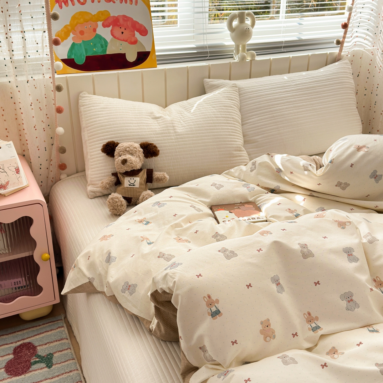 91家纺网 家纺一手货源 找家纺 梵克保罗 2026春夏新款ins小清新40支全棉13372四件套学生三件套单被套单枕套系列-第一批（单枕套） 豆丁小熊